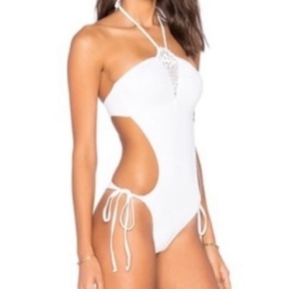 Frankie’s bikinis crochet scrunch butt ruched festival one piece monokini XS